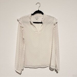 J Crew Ruffle Top V-neck Medium White Clip Dot  Swiss Popover Lined Preppy BC968